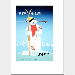 Vintage Travel Poster New Zealand Winter Holidays Fly NAC Posters and Art